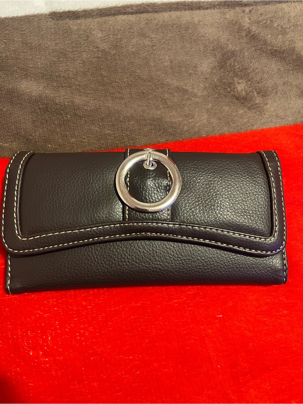 Women's Black Leather Wallet Clutch with Silver Ring Accent